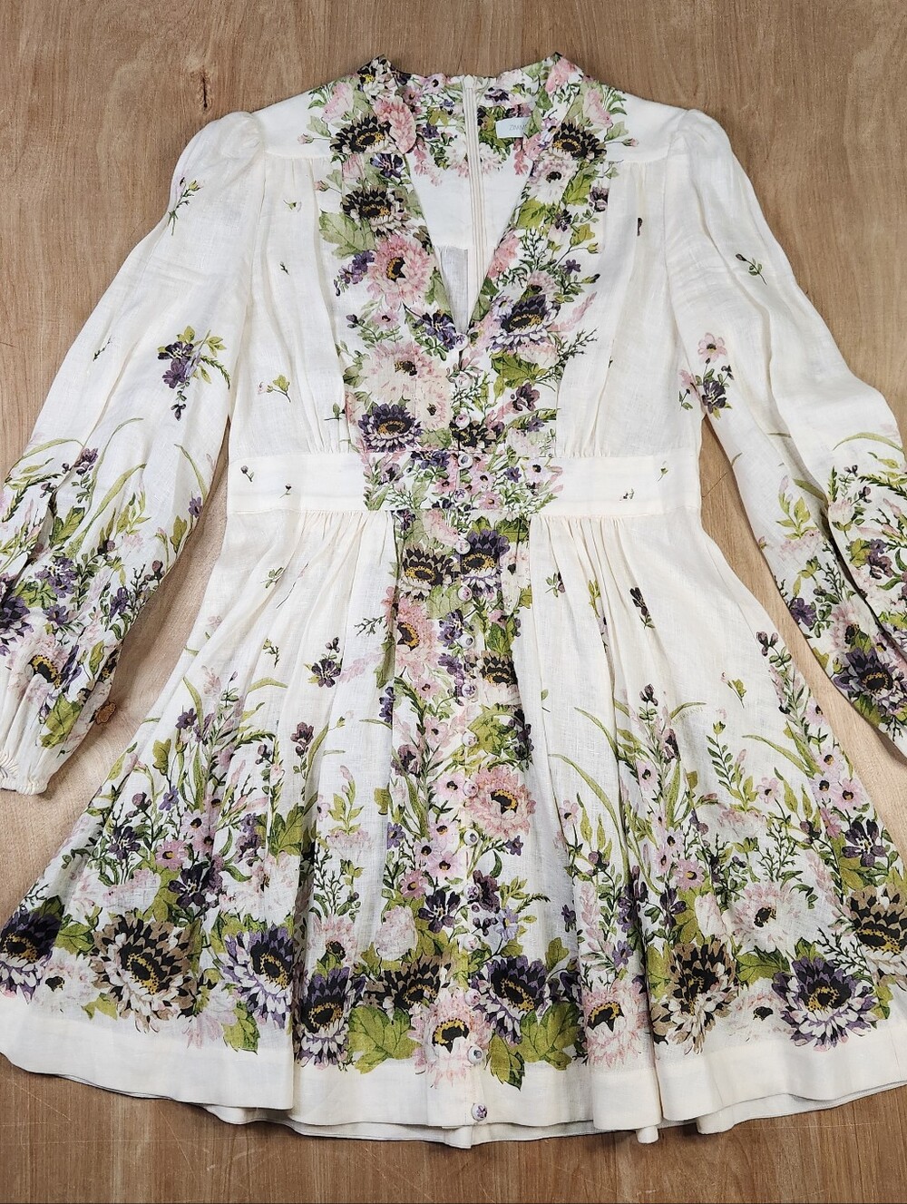 Zimmermann Womens Fit And Flare Floral Linen Mini Dress With Long Sleeves Size 3